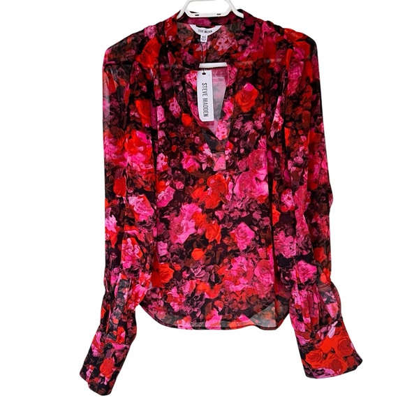 Steve Madden NWT Pink Red Rose Printed top V-neck. Scrunched Sleeve. Size  XS - Picture 5 of 16